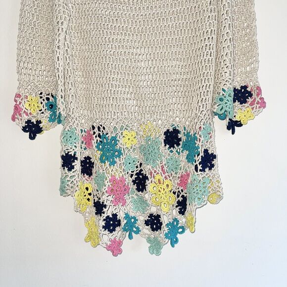 Boho Open Knit Crochet Top M Longline Cover Up Floral Festival Hi Low Hem Tan - Picture 6 of 10